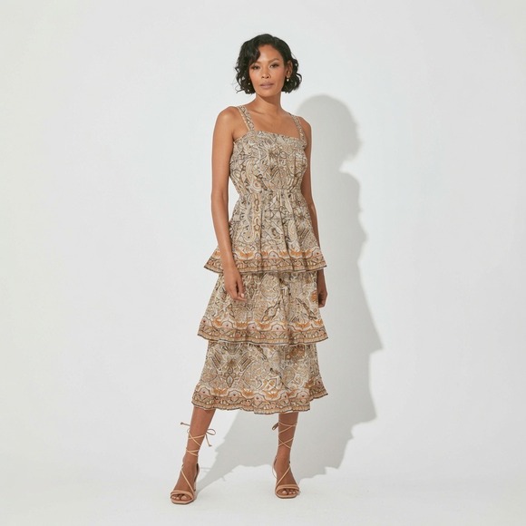 Cleobella Dresses & Skirts - Cleobella Rosalie Midi Dress S Paisley Tiered Smocked Boho Organic Cotton Brown